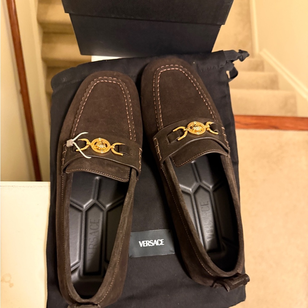 Versace Dark Brown Suede Loafers with Gold Accent